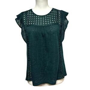 H&M dark green flutter sleeve lace-inset blouse Size Small
